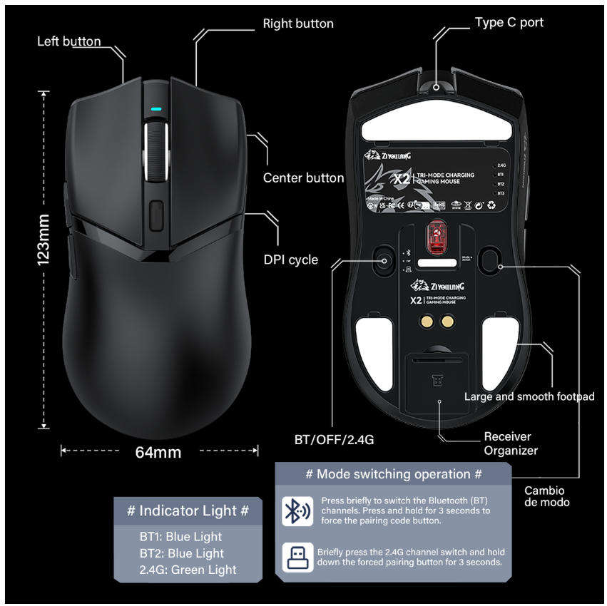 X2 Rechargeable 24000 DPI Wireless Gaming Mouse 56g Ergonomic Design - Black