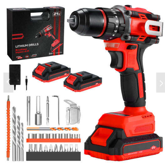 21V 55NM Brushless Cordless Drill Electric Impact Drill Set with 2 Batterie