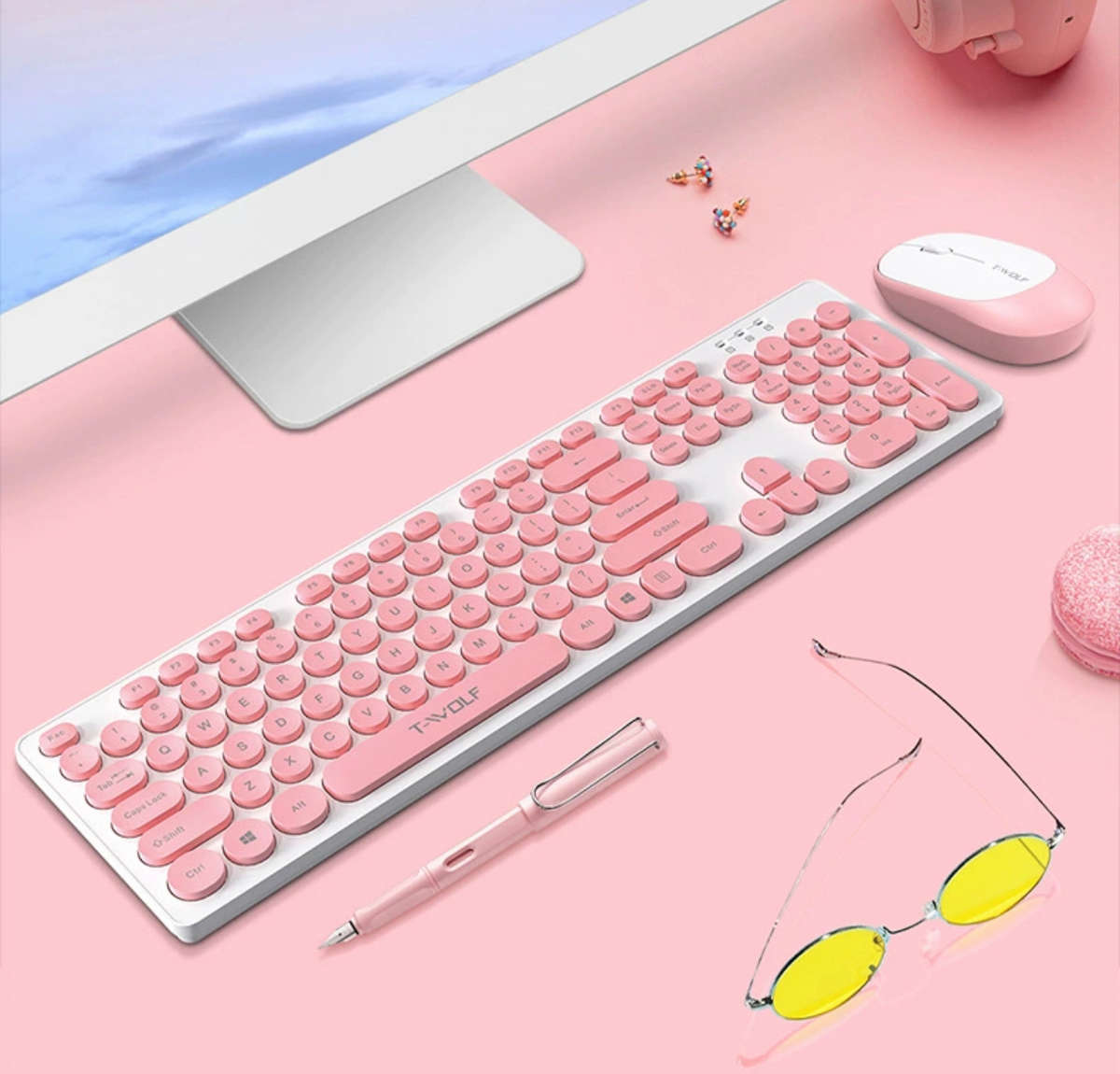 2.4G Full-Size Retro Typewriter Keyboard - Wireless Mouse Combo, Circular Keycap, Ergonomic Design,