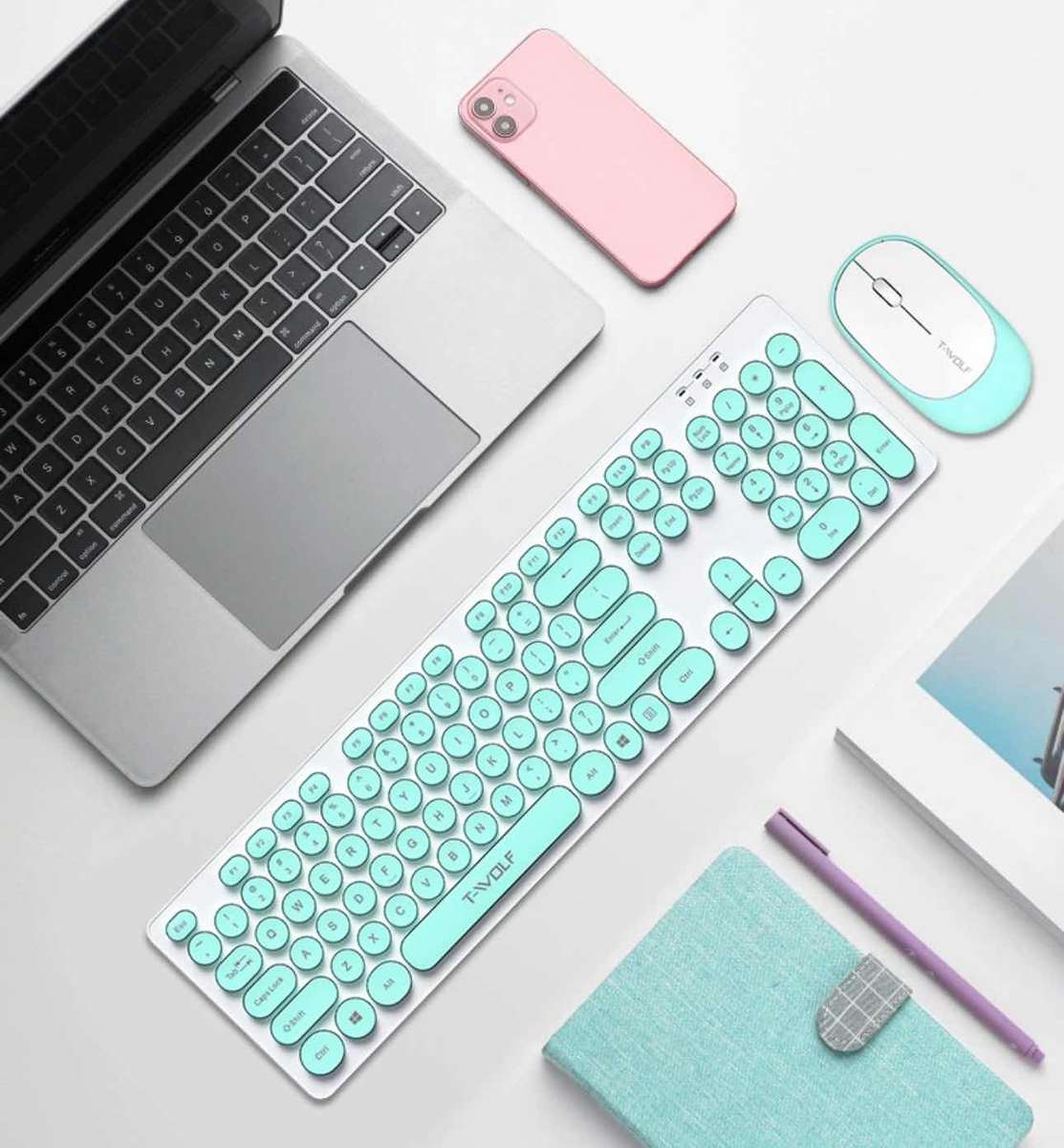 2.4G Full-Size Retro Typewriter Keyboard - Wireless Mouse Combo, Circular Keycap, Ergonomic Design,