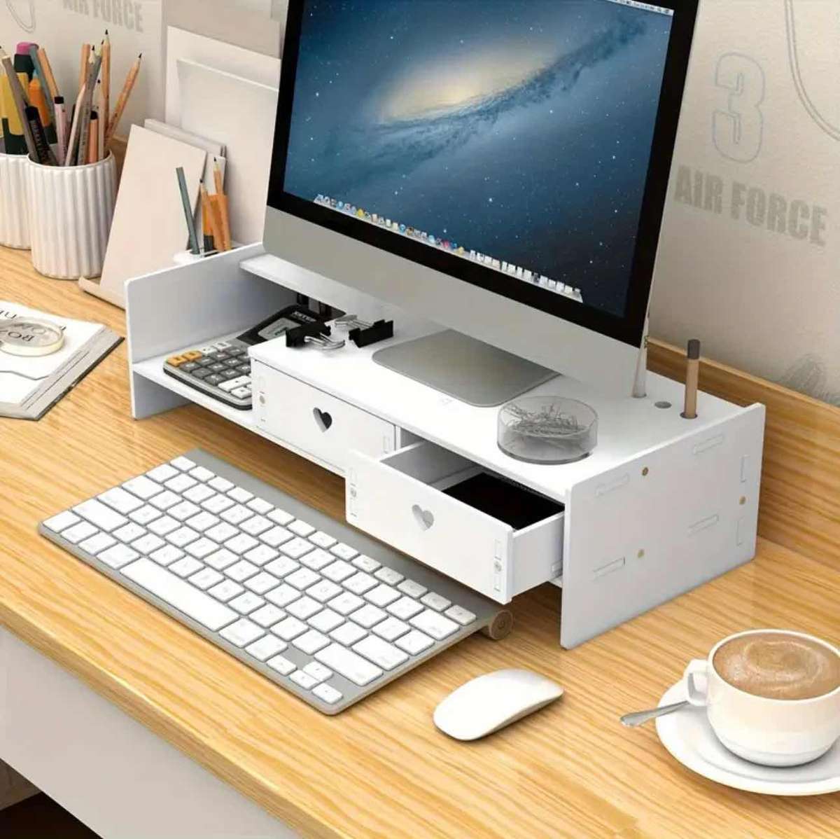 White Portable Smart Monitor Riser Stand With 2 Drawers