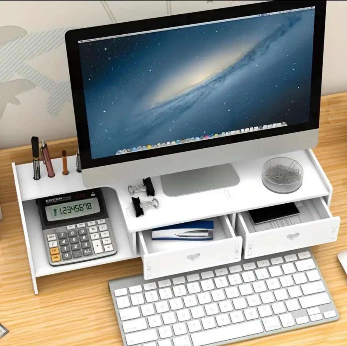 White Portable Smart Monitor Riser Stand With 2 Drawers
