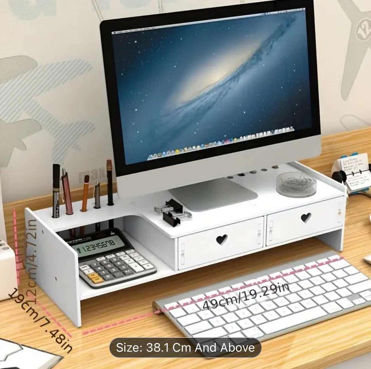 White Portable Smart Monitor Riser Stand With 2 Drawers
