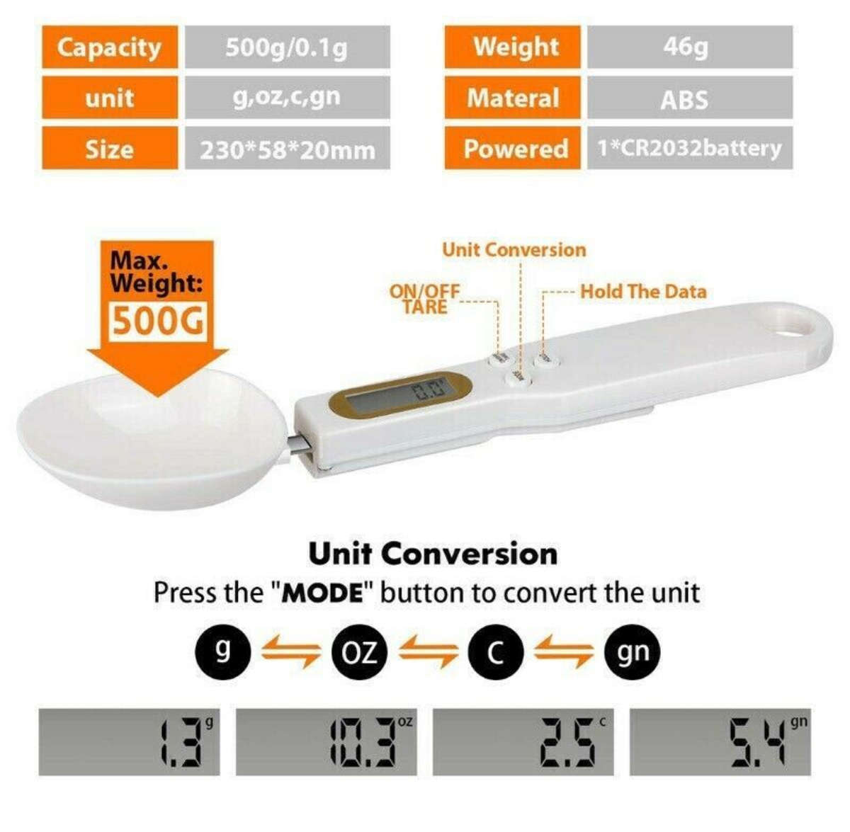 Electronic Measuring Scale Spoon For Grams & Milligrams - White