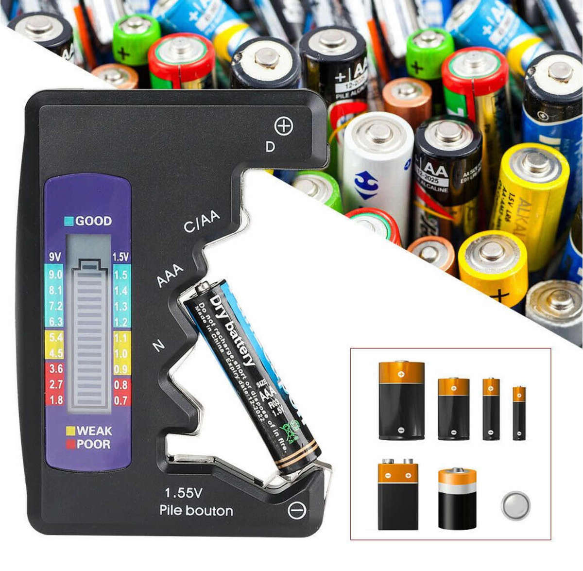 Universal 1.5V Digital LCD Tri-Color Battery Tester Checker Detector - Black