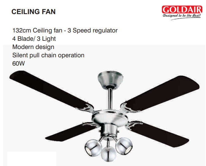 Goldair 132cm Ceiling Fan - 4 Blades - 3 Lights - 3 Speed Regulator - Modern Design