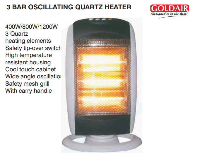 Goldair 3 Bar Oscillating Quartz Heater - Cool Touch Cabinet - Safety Tip-Over Switch