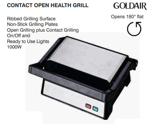 Goldair Contact Open Health Grill - Opens 180 degrees Flat - Non-Stick