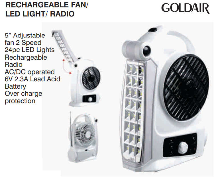 Goldair 3-in-1 Rechargeable Fan / LED Light / Radio - AC/DC Operated - Over Charge Protection