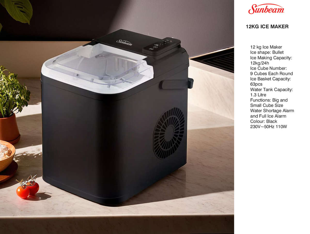 Sunbeam 12kg Ice Maker - Bullet Shape Ice - Built In Warning Alarms