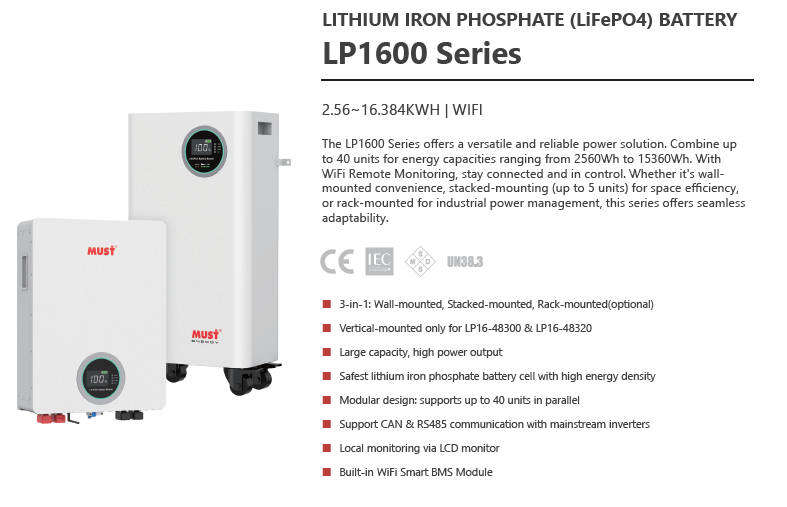 MUST 5.12kwh 51.2V 100ah Lithium Iron Phosphate Battery - LiFePO4 - Wall or Rack Mounted