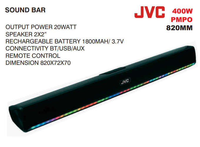JVC 2.0 Dual Soundbar - Bluetooth - USB - Rechargeable Battery