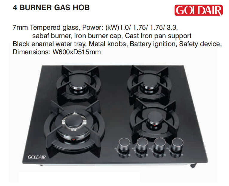Goldair 4 Burner Gas Hob - Cast Iron Pan Support - Battery Ignition - Black Tempered Glass Top