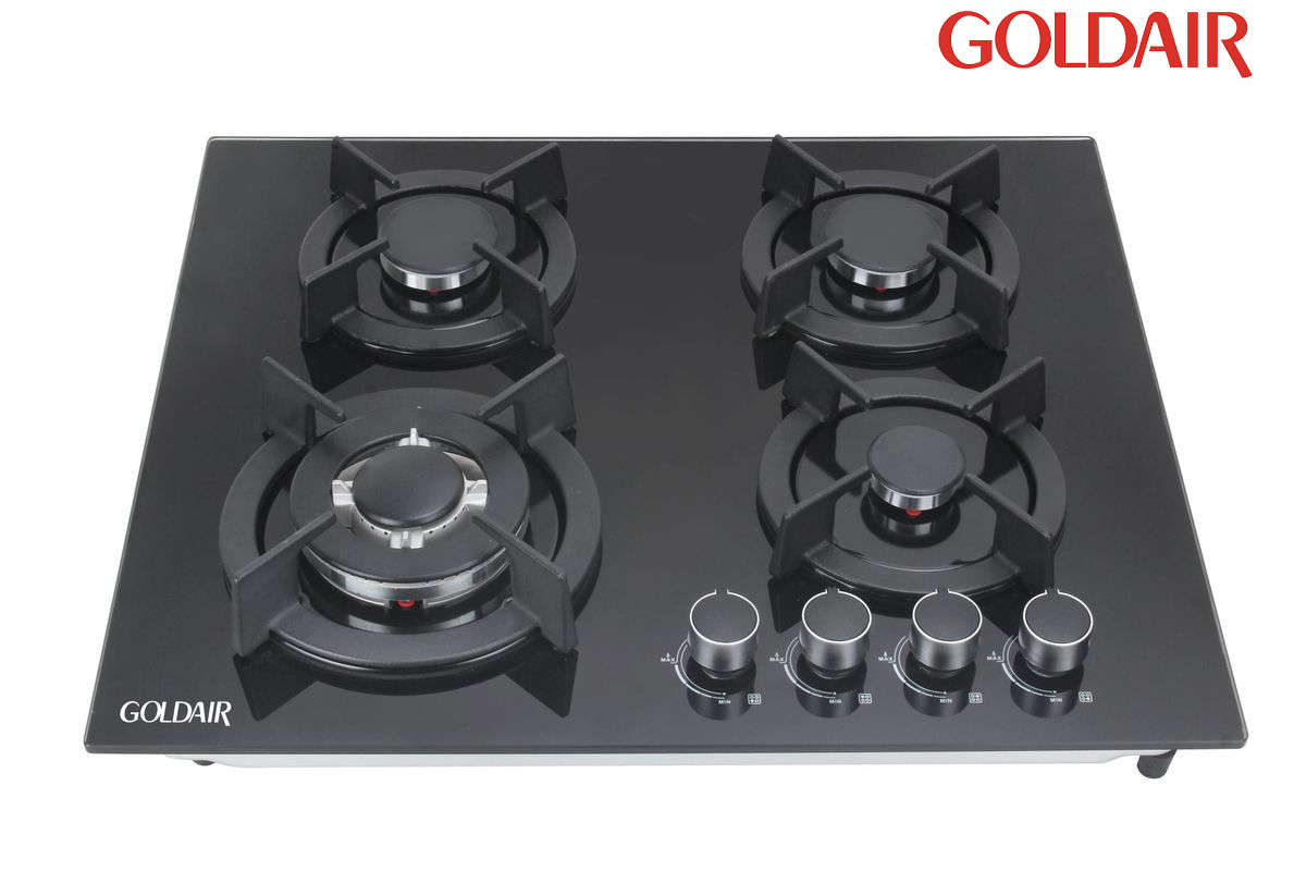 Goldair 4 Burner Gas Hob - Cast Iron Pan Support - Battery Ignition - Black Tempered Glass Top