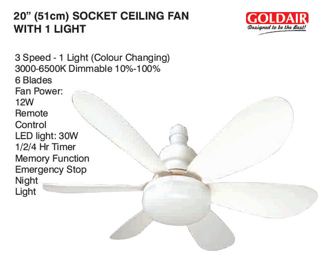 Goldair 20inc (51cm) Socket Ceiling Fan - 1 Light Dimmable - 3 Speed - 6 Blade - Remote Control