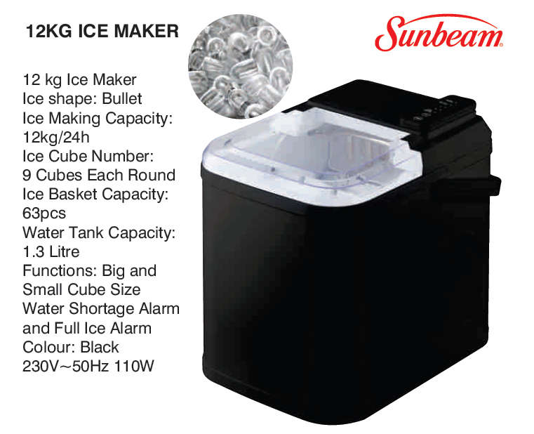 Sunbeam 12kg Ice Maker - Bullet Shape Ice - Built In Warning Alarms