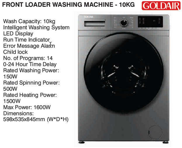 GoldAir 10kg Front Loader Washing Machine - Silver