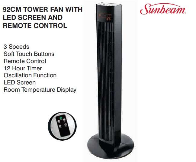 Sunbeam 92cm Tower Fan - LED Screen - Remote Control - Room Temperature Display