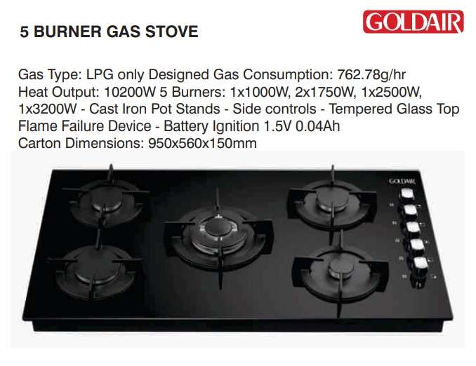 Goldair 5 Burner Gas Hob - Cast Iron Pot Stands - Battery Ignition - Black Tempered Glass Top