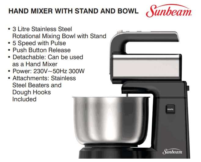 Sunbeam Hand Mixer with Stand and Bowl - 3L - 5 Speed with Pulse - Stainless Steel