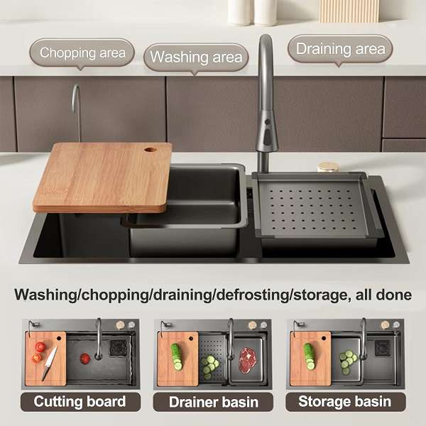 Modern All-In-One Stainless Steel Sink Combo Complete With Faucets - 75cm