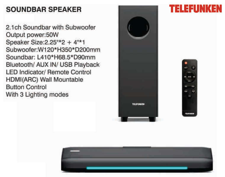 Telefunken 2.1ch Soundbar with SubWoofer - HDMI(ARC) - Wall Mountable