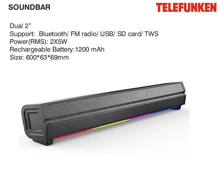 Telefunken 2.0 Dual Soundbar with Bluetooth, FM Radio, USB, TWS, SD