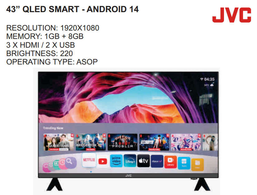 JVC 43` QLED Smart TV - Android 14 - Built-In Wifi Module
