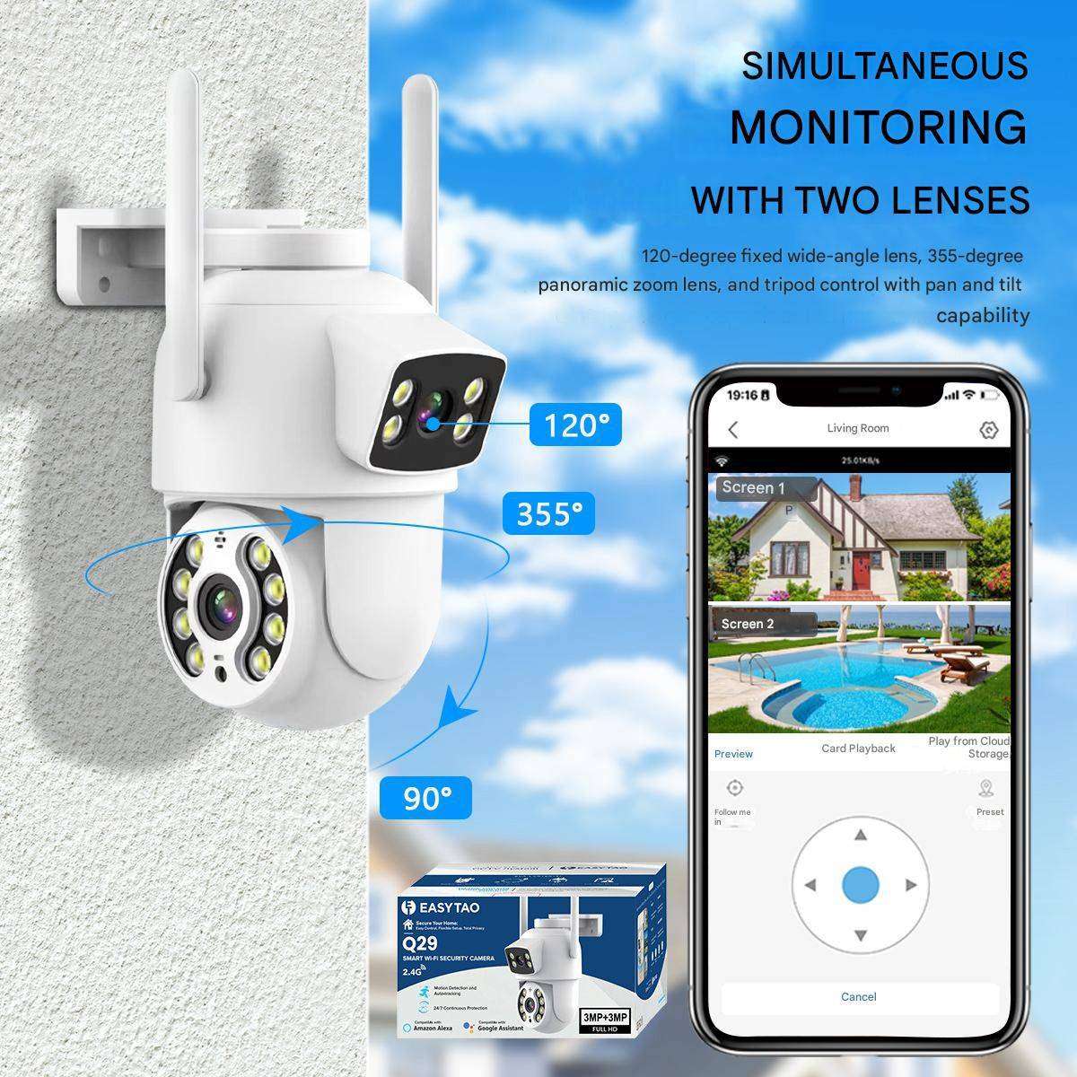 Q29 Dual-Lens Outdoor Security Camera - 3MP 2K WiFi - Alexa & AI Tracking