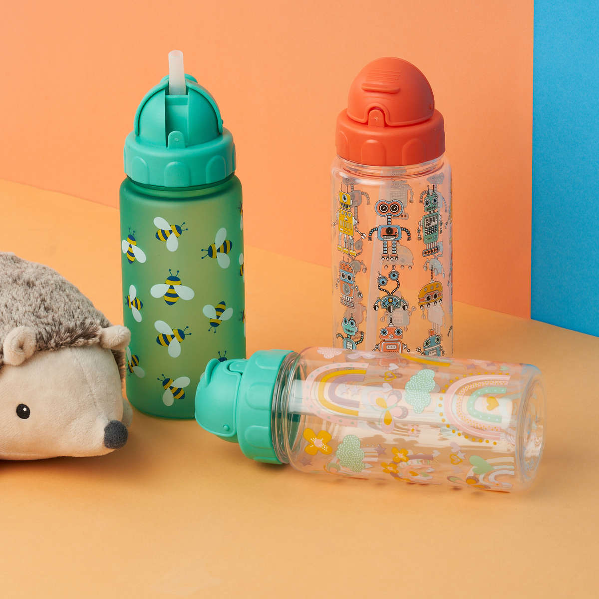 AquaKids 500ml Plastic Water Bottle with Straw - Red Robot