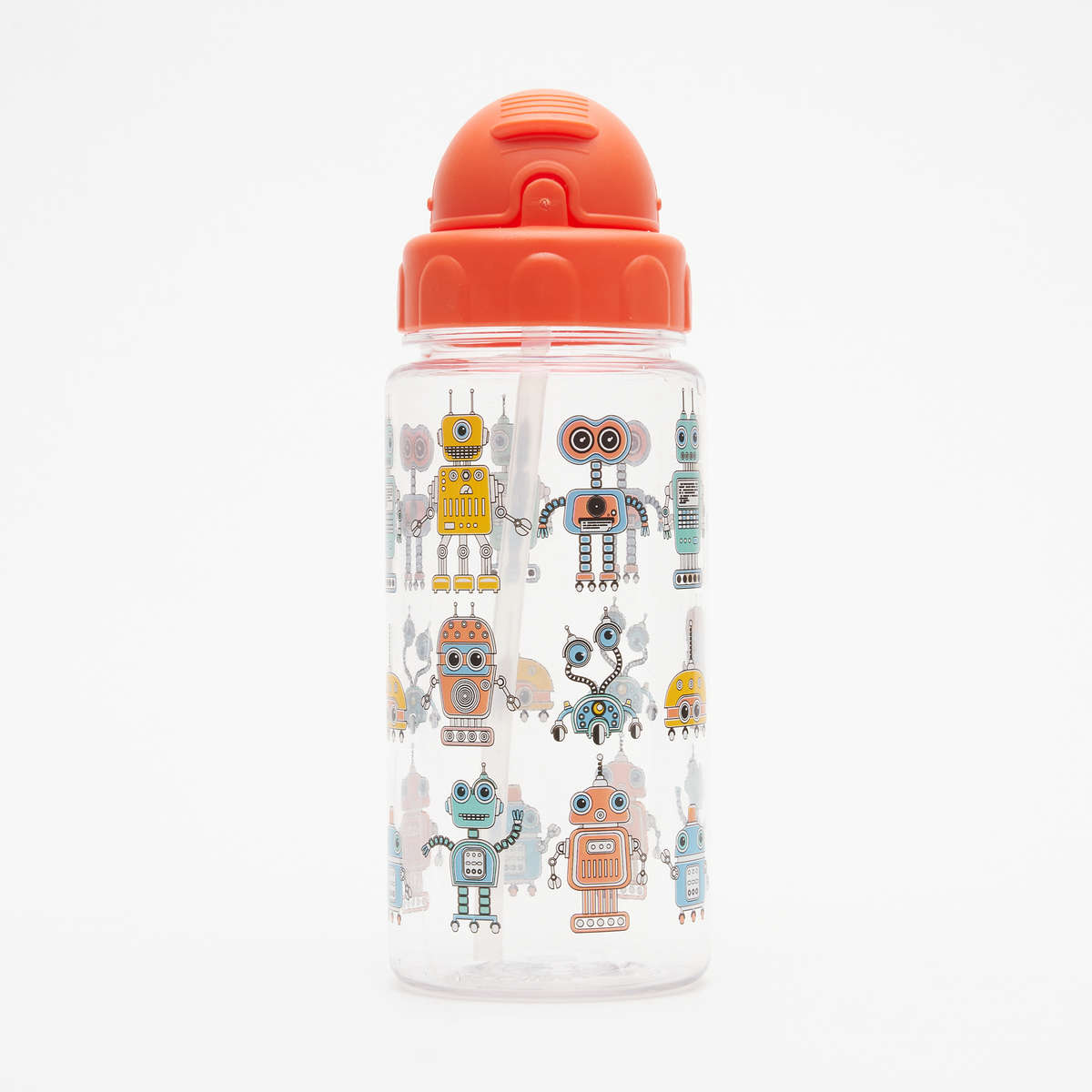 AquaKids 500ml Plastic Water Bottle with Straw - Red Robot