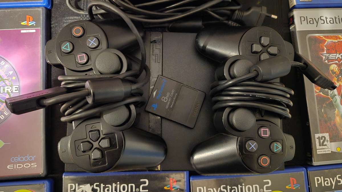 PS2 Bundle - Slim Console, 2 controllers, 15 Games, memory card, cables, Eye Toy, Dance Mat