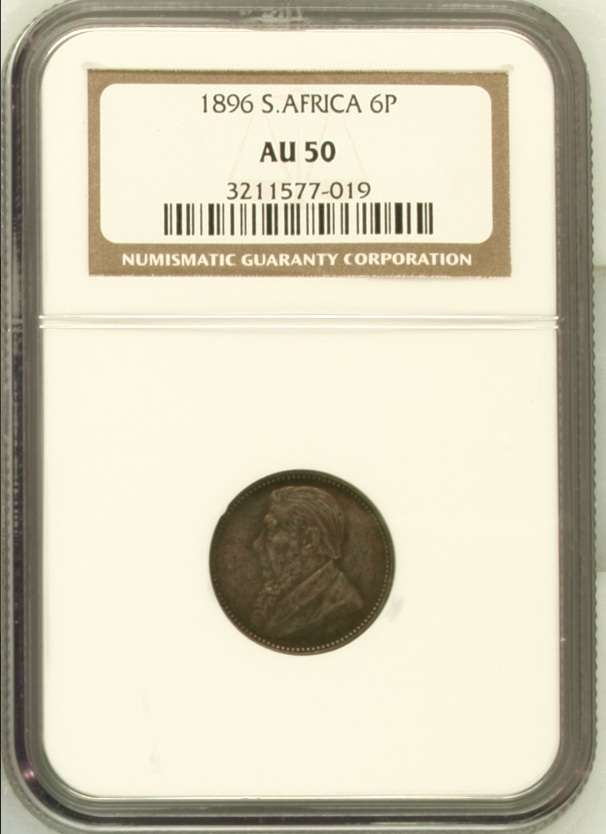 1896 ZAR sixpence, NGC AU50
