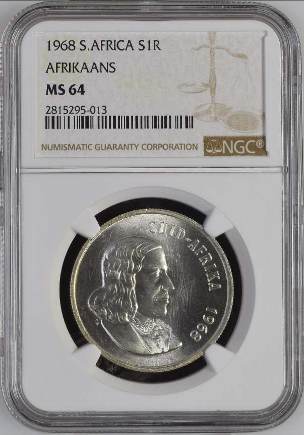 1968 RSA silver Afrikaans R1 NGC MS64 - only 18 graded better @ NGC