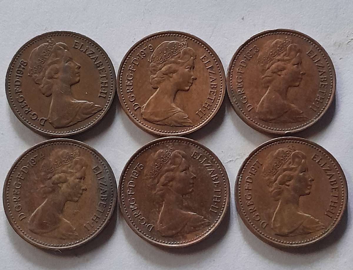 UK (British) 1 Penny Coins - 1971, 1973, 1974, 1975, 1978 and 1979