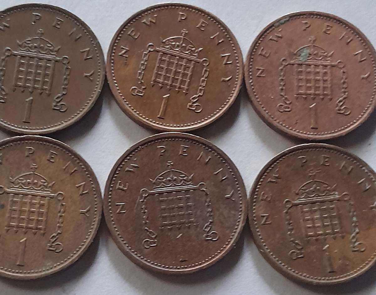 UK (British) 1 Penny Coins - 1971, 1973, 1974, 1975, 1978 and 1979
