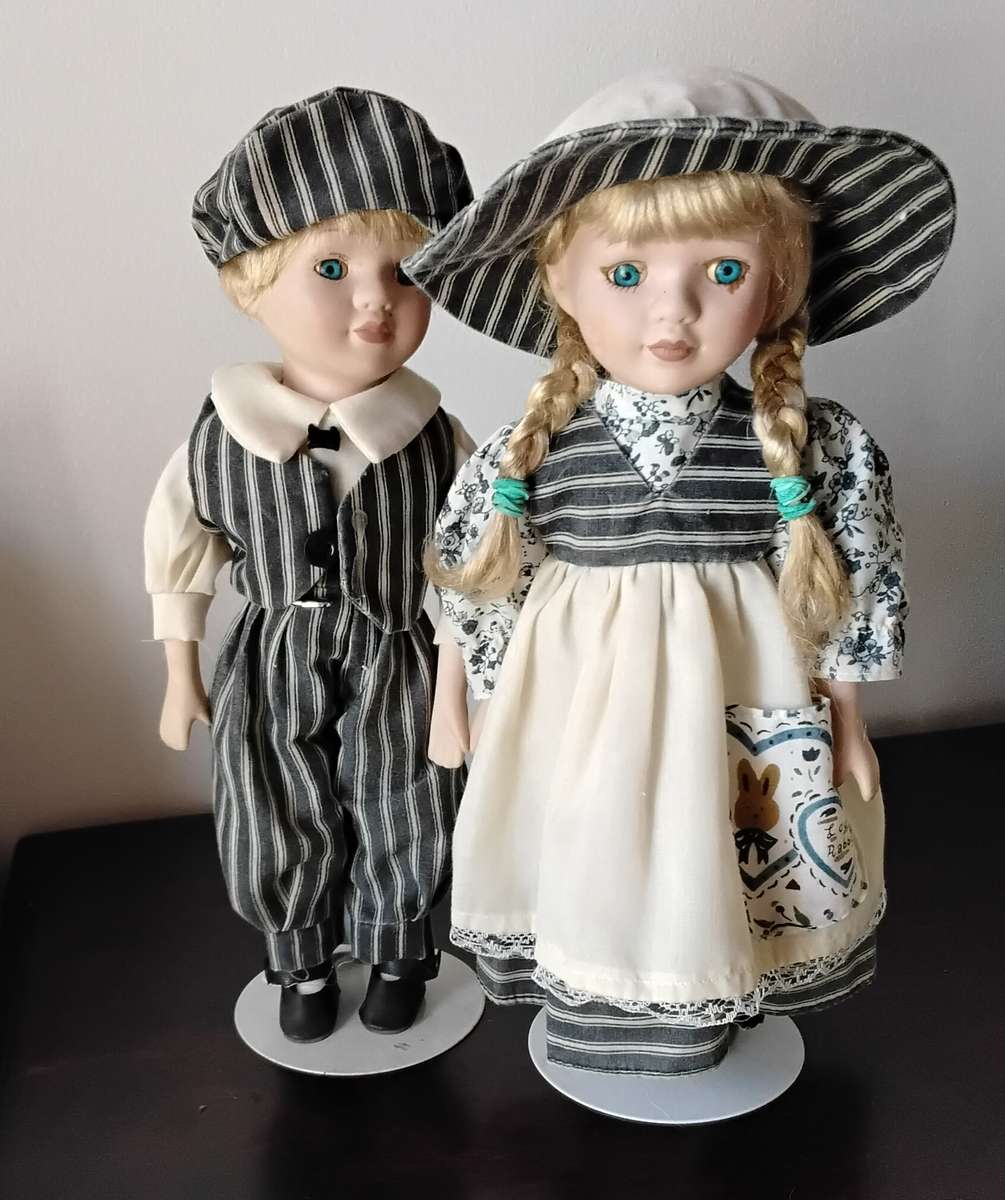 Pair of Vintage Porcelain Dolls on Stands