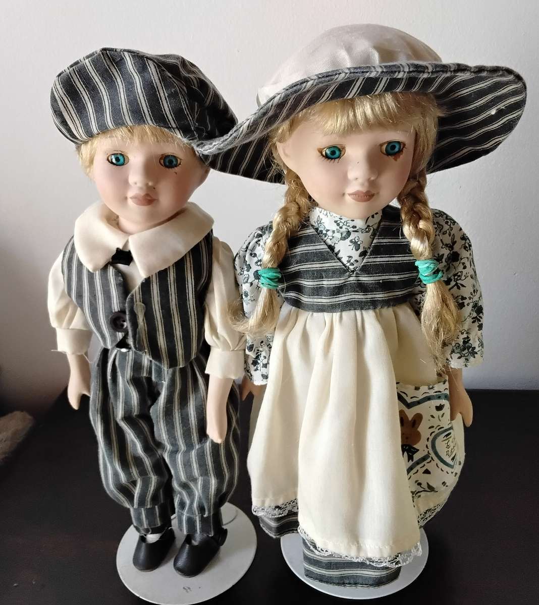 Pair of Vintage Porcelain Dolls on Stands