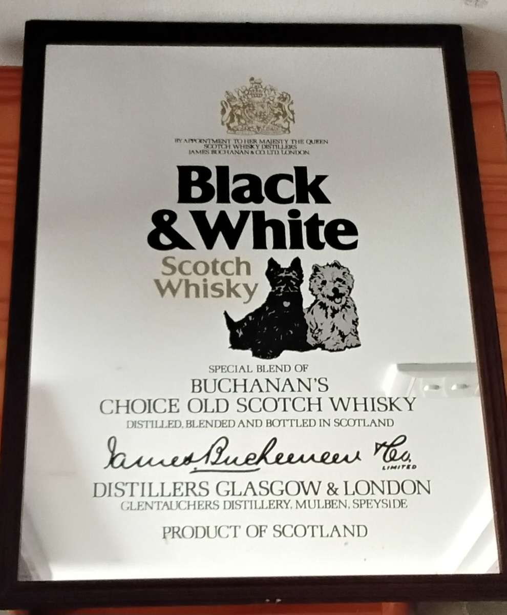 Vintage Framed Black and White Whisky Bar Mirror