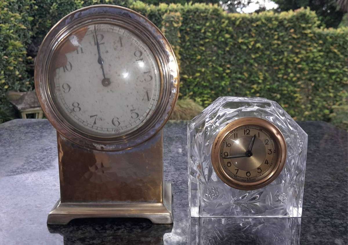 Vintage Brass Case Mantel / Shelf clock & Crystal Mantel Clock
