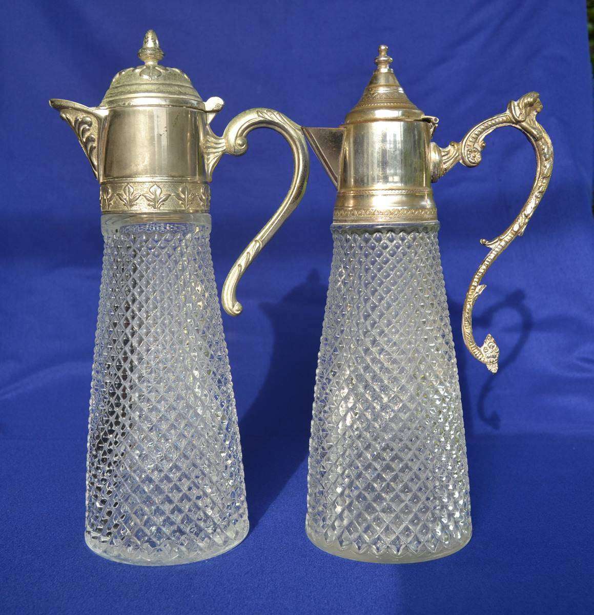 Vintage Diamond Cut Crystal Claret Jugs with silver Plate Mountings
