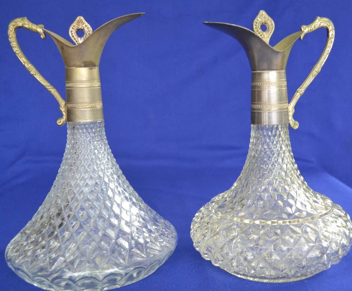 Trivoli Original Vintage Diamond Cut Crystal Ships Decanters with silver Plate Mountings
