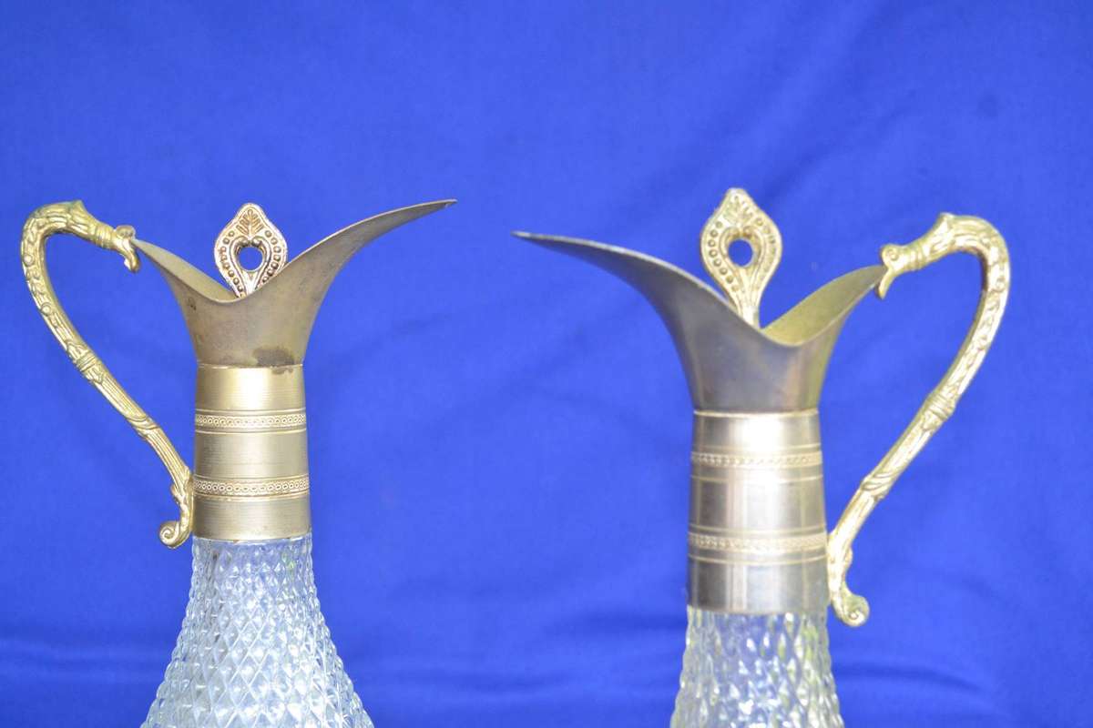 Trivoli Original Vintage Diamond Cut Crystal Ships Decanters with silver Plate Mountings