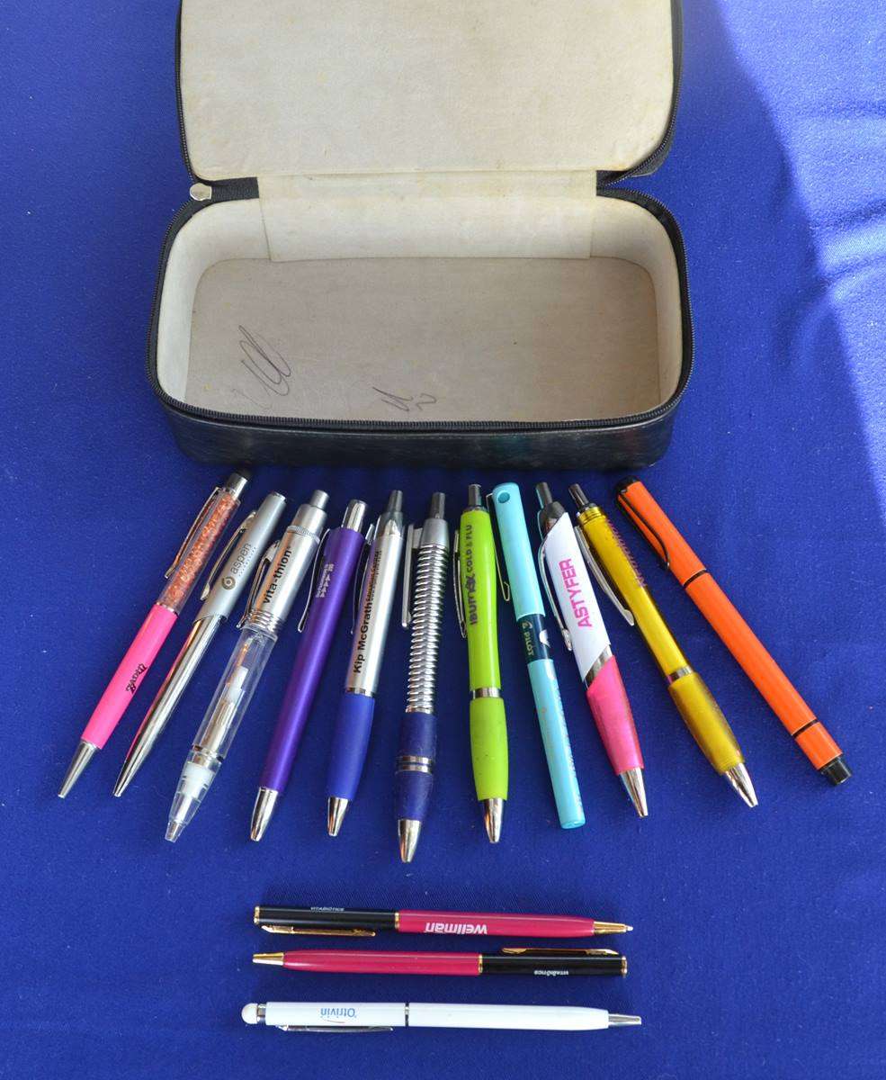 Assorted Ball Point  Pens in Leather Case - 14 Pieces