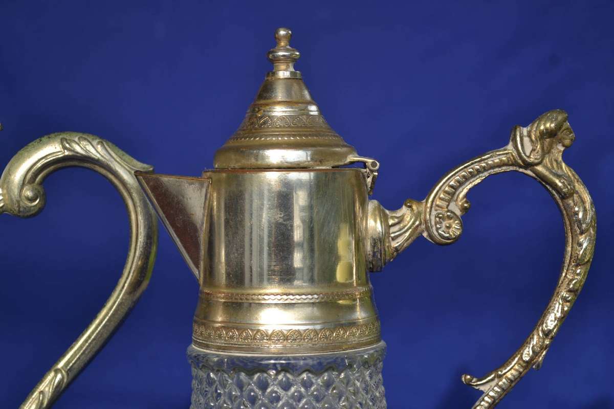 Vintage Diamond Cut Crystal Claret Jugs with silver Plate Mountings