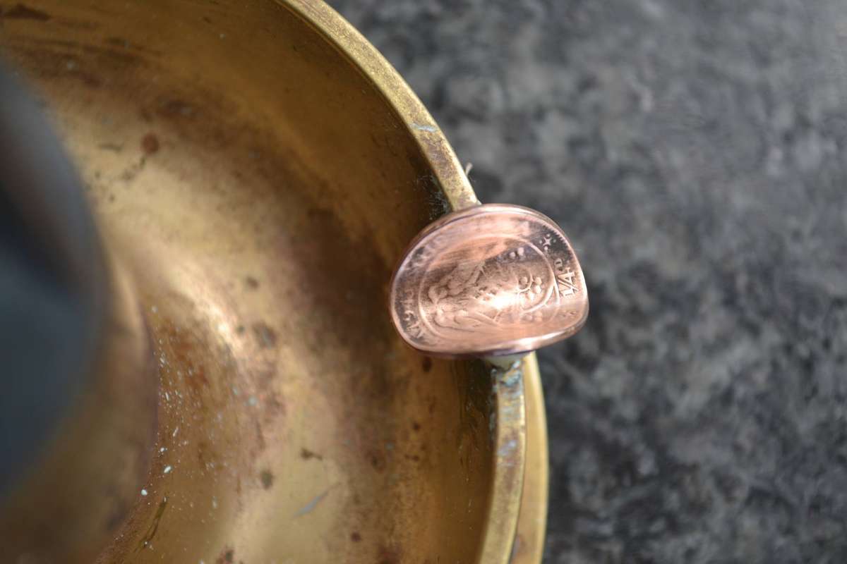 Vintage Heavy WWII Trench Art "Mortar" Ashtray with Coin Cigarette Holders