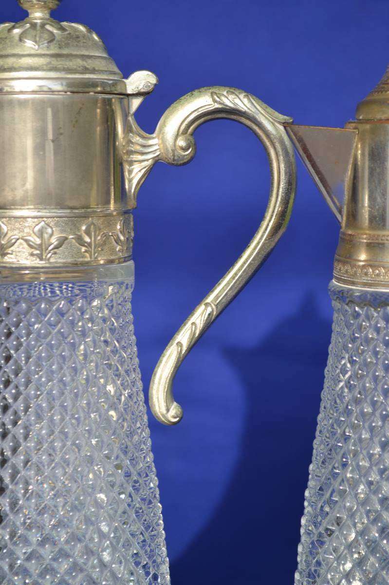 Vintage Diamond Cut Crystal Claret Jugs with silver Plate Mountings