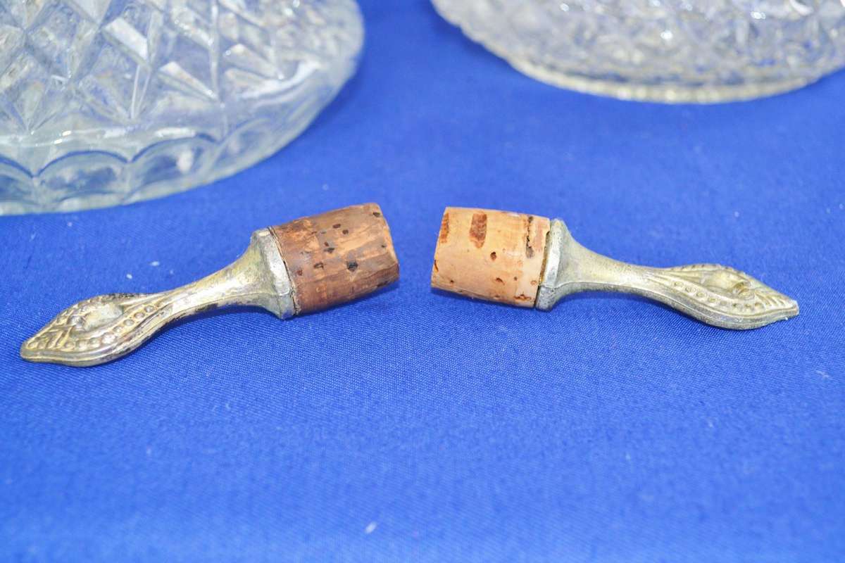 Trivoli Original Vintage Diamond Cut Crystal Ships Decanters with silver Plate Mountings