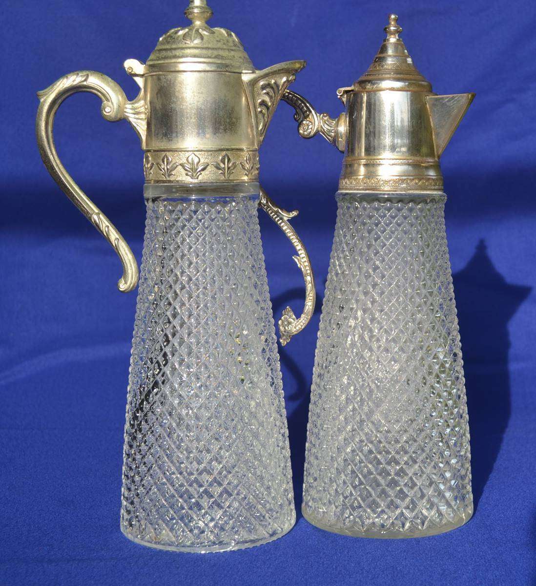 Vintage Diamond Cut Crystal Claret Jugs with silver Plate Mountings