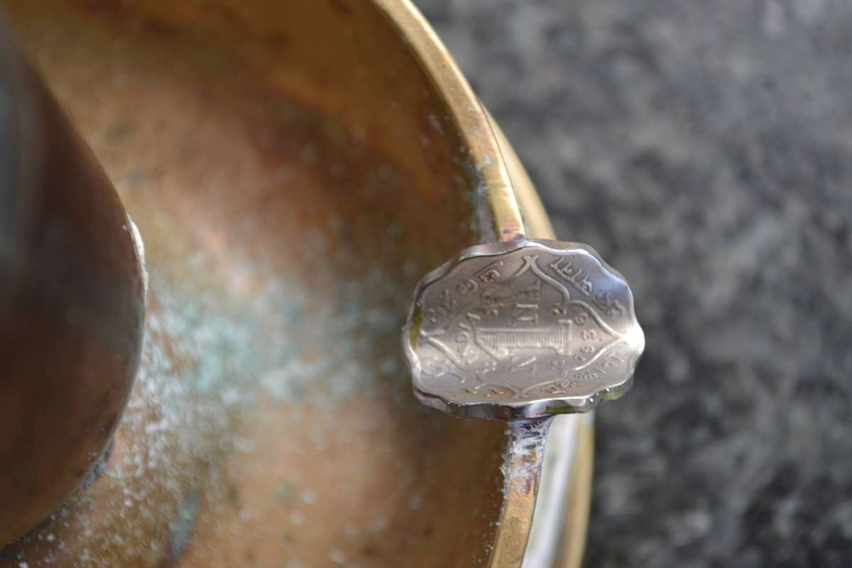 True Vintage Heavy WWII Trench Art "Mortar" Ashtray with Coin Cigarette Holders